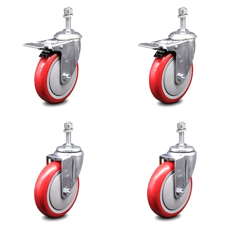 Service Caster 5 Inch Red Polyurethane Swivel 10mm Stem Caster Total Lock Brake SCC, 2PK SCC-TSTTL20S514-PPUB-RED-M1015-2-S-2